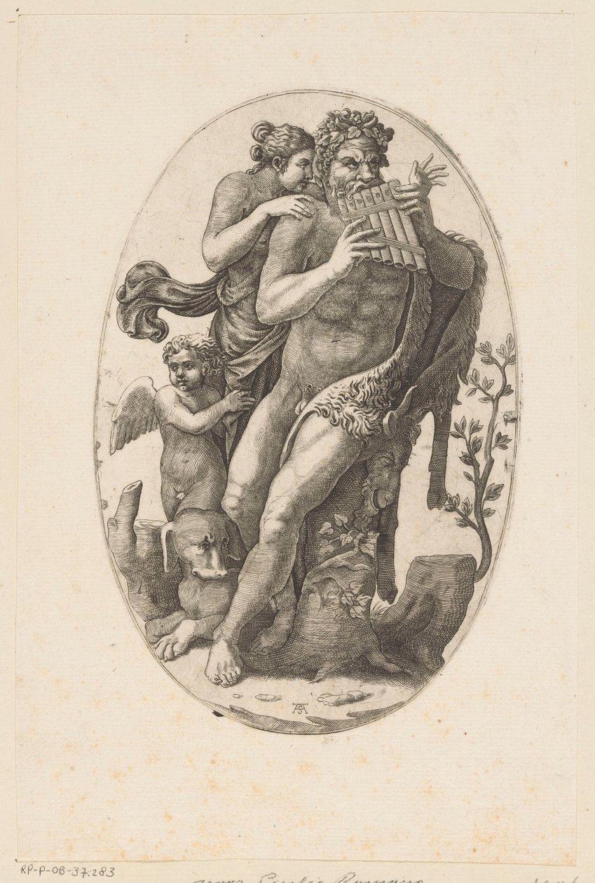 Sátiro con flauta de pan y ninfa de Adamo Scultori