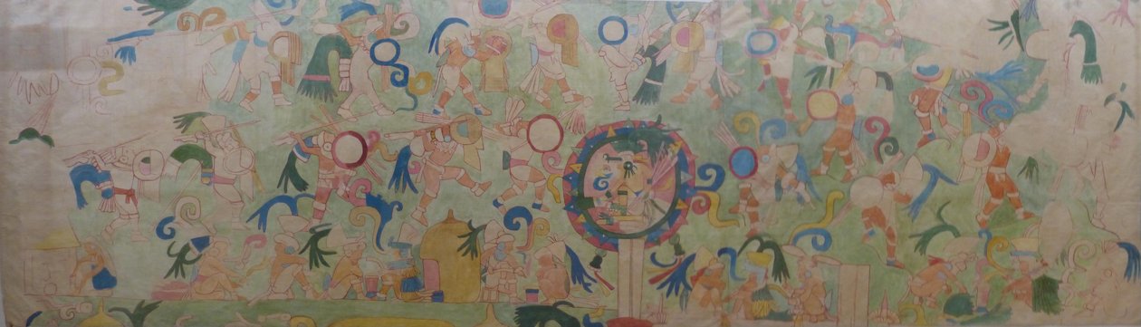 Parte del mural en el lado suroeste del Templo de los Jaguares en Chichén Itzá. De una acuarela pintada por Adela Breton en Chichén Itzá alrededor de 1907, en la colección del Museo y Galería de Arte de Bristol de Adela Breton
