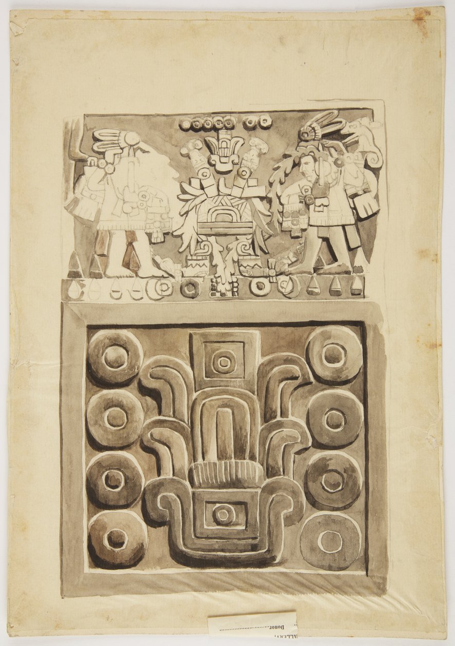 Relieve de piedra de la Ciudad de México que muestra en la parte superior, dos figuras de guerreros frente a una 