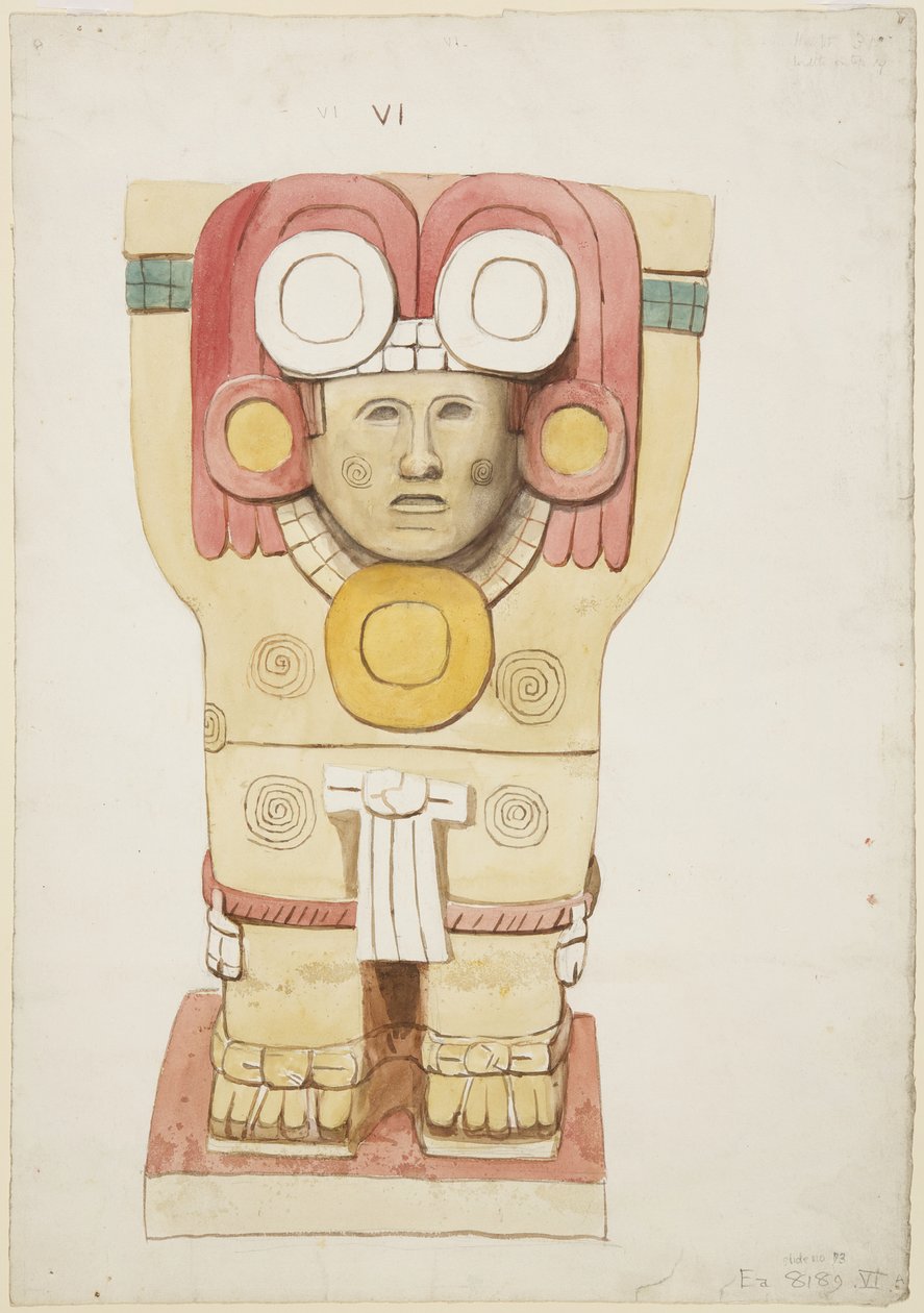Cariatide de la cámara exterior, Templo A, cancha de pelota, Chichen Itza, México de Adela Breton