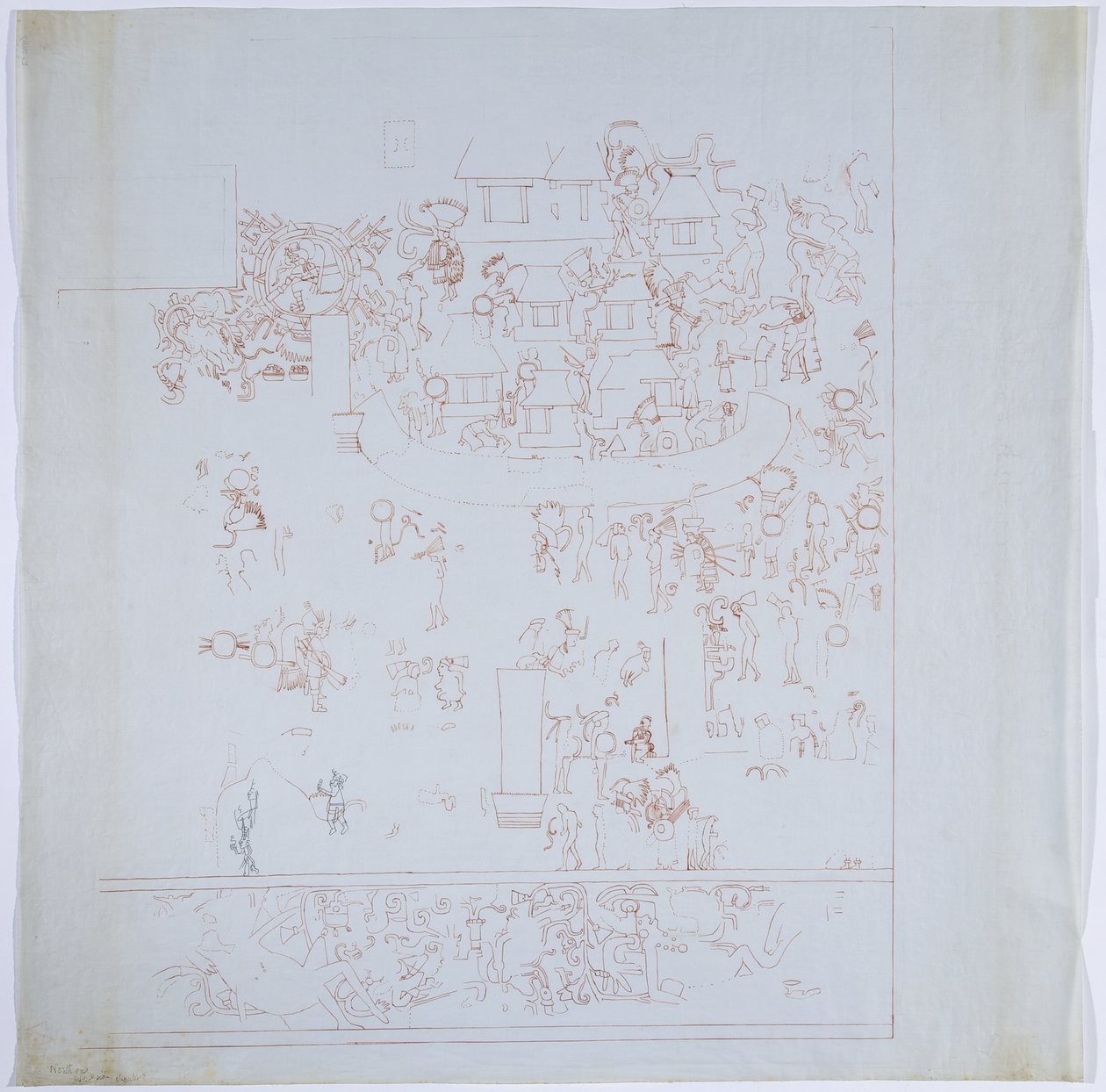Copia de un mural completo de la pared oeste, Templo Superior de los Jaguares, Chichén Itzá, México, cámara interior en la pared oeste (tinta roja y negra y grafito) de Adela Breton