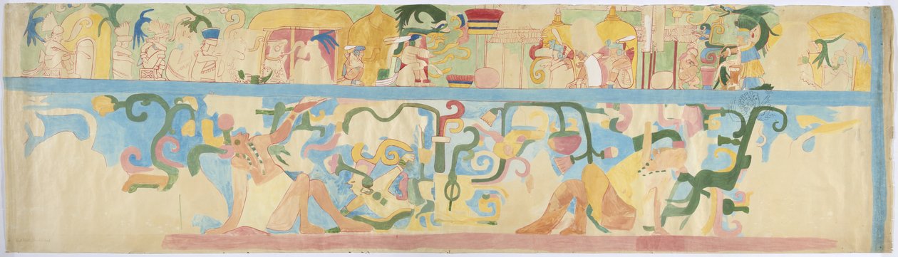Copia de una pintura mural de la pared suroeste, Templo Superior de los Jaguares, Chichen Itza, México de Adela Breton