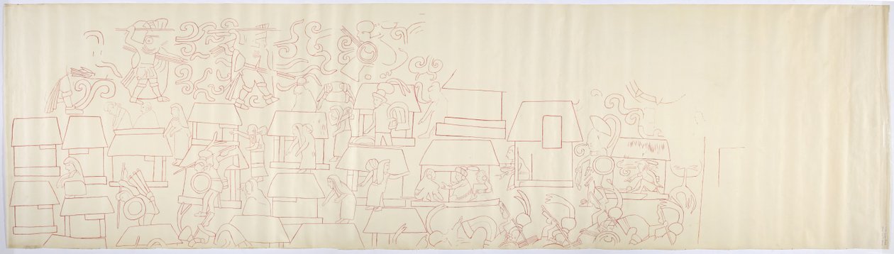 Copia de un calco de una pintura mural del panel sur de la pared oeste, templo interior, Templo Superior de los Jaguares, Chichén Itzá, México (tinta roja) de Adela Breton