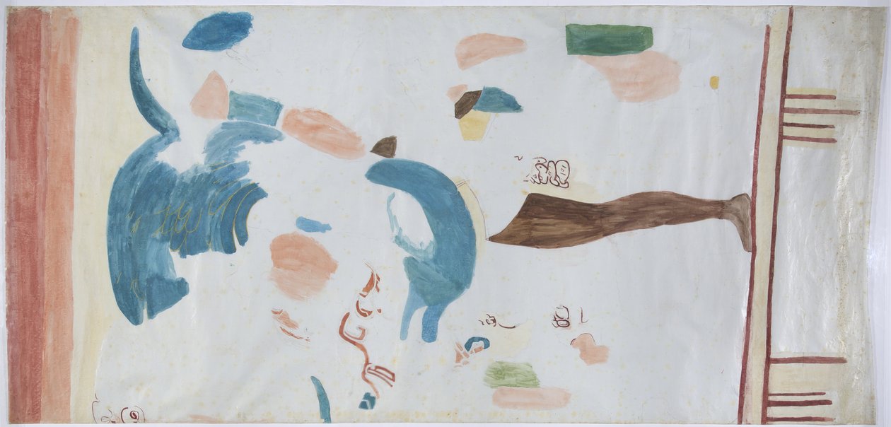 Copia de una pintura mural de la pequeña cámara Acanceh, México. Líneas de lápiz y acuarela en tres partes de Adela Breton