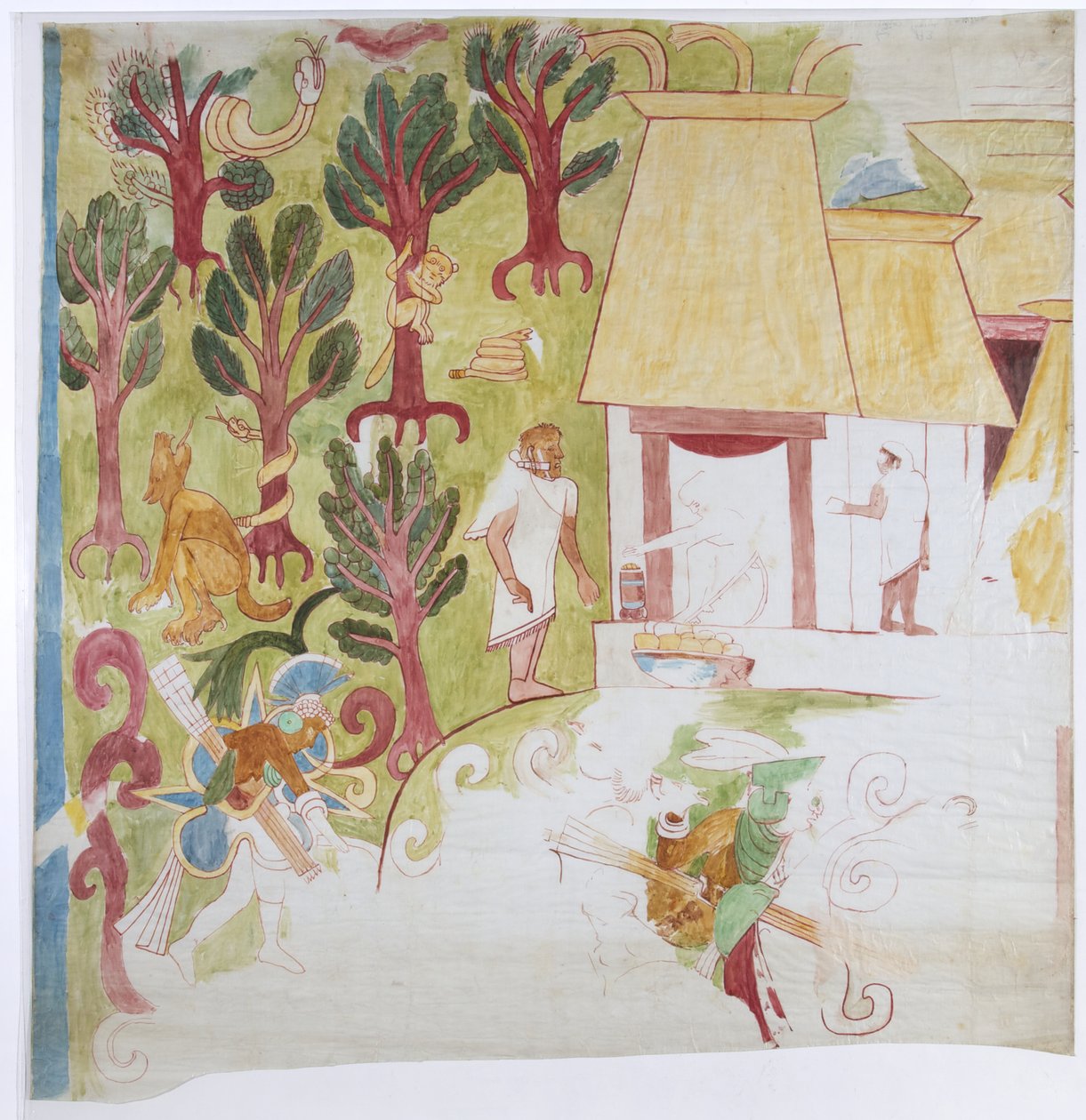 Copia de parte de una pintura mural del panel sur, pared este, cámara interior, Templo Superior de los Jaguares, Gran Juego de Pelota, Chichen Itzá de Adela Breton