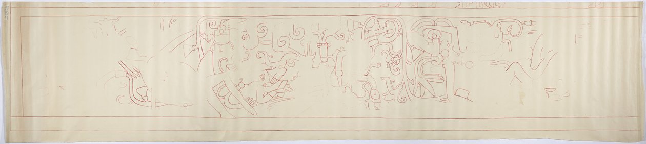 Calco de una pintura mural de la pared oeste, Templo Superior de los Jaguares, Chichén Itzá, México (tinta roja y grafito) de Adela Breton