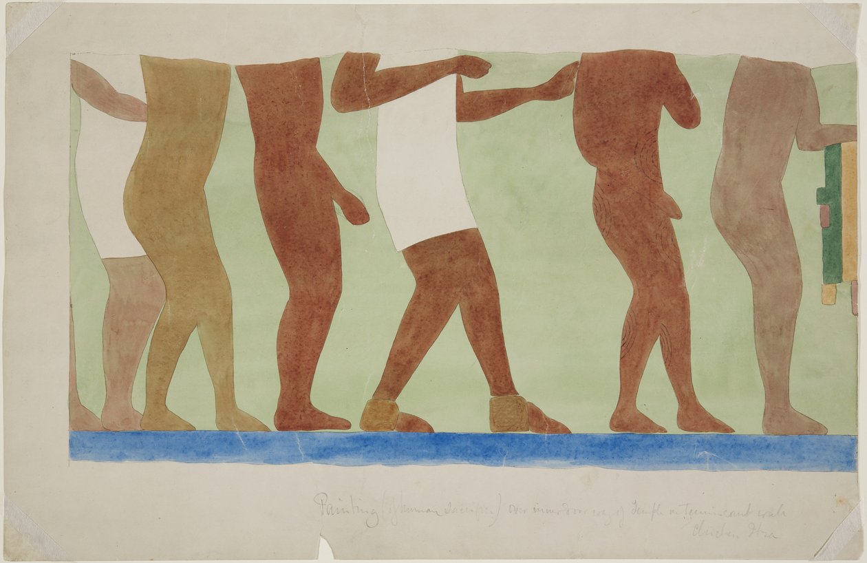 Pintura de parte de un mural (sacrificio humano) Templo Superior Juego de Pelota 