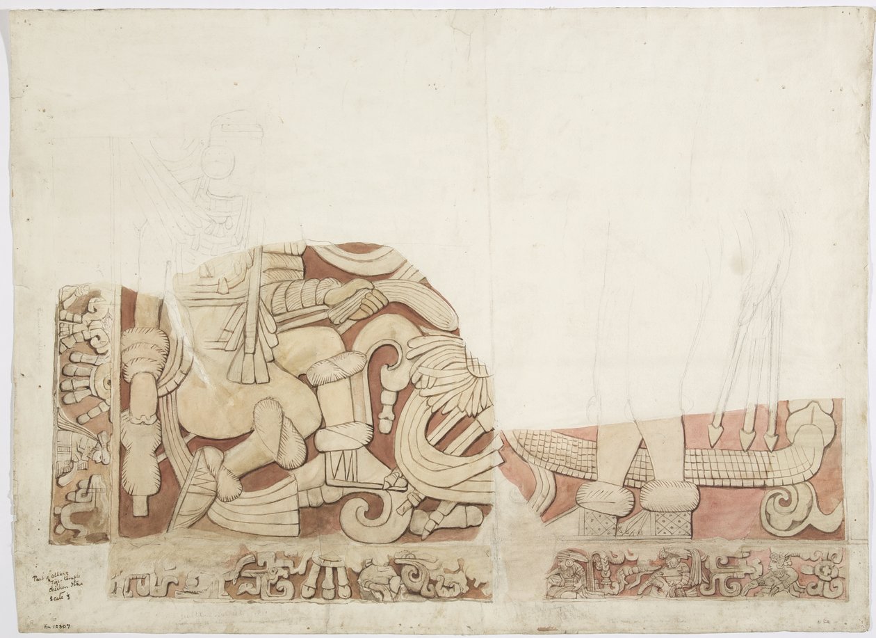 Parte de un altar en el Templo Superior de los Jaguares, Templo E, Chichén Itzá, México de Adela Breton