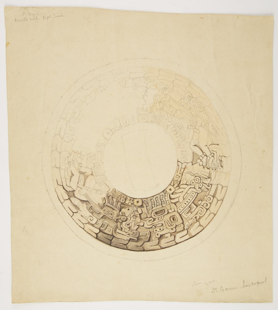 Tapa de olla de Belice (anteriormente Honduras Británica) Diseño circular, parte del cual falta, muestra un diseño que incluye figuras de hombres, glifos, etc. de Adela Breton