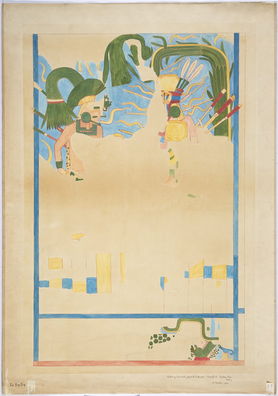Copia a escala de un cuarto de una pintura mural del centro de la pared este, cámara interior, Templo Superior de los Jaguares, Gran Juego de Pelota, Chichén Itzá, México de Adela Breton
