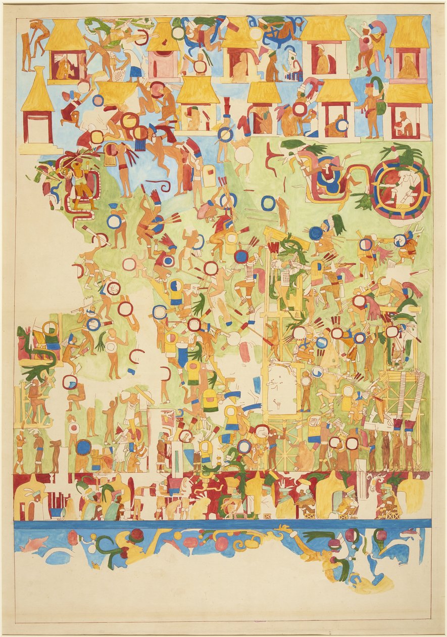 Copia a escala de un cuarto de una pintura mural de la pared sur del Templo Superior de los Jaguares, Chichen Itzá, México de Adela Breton