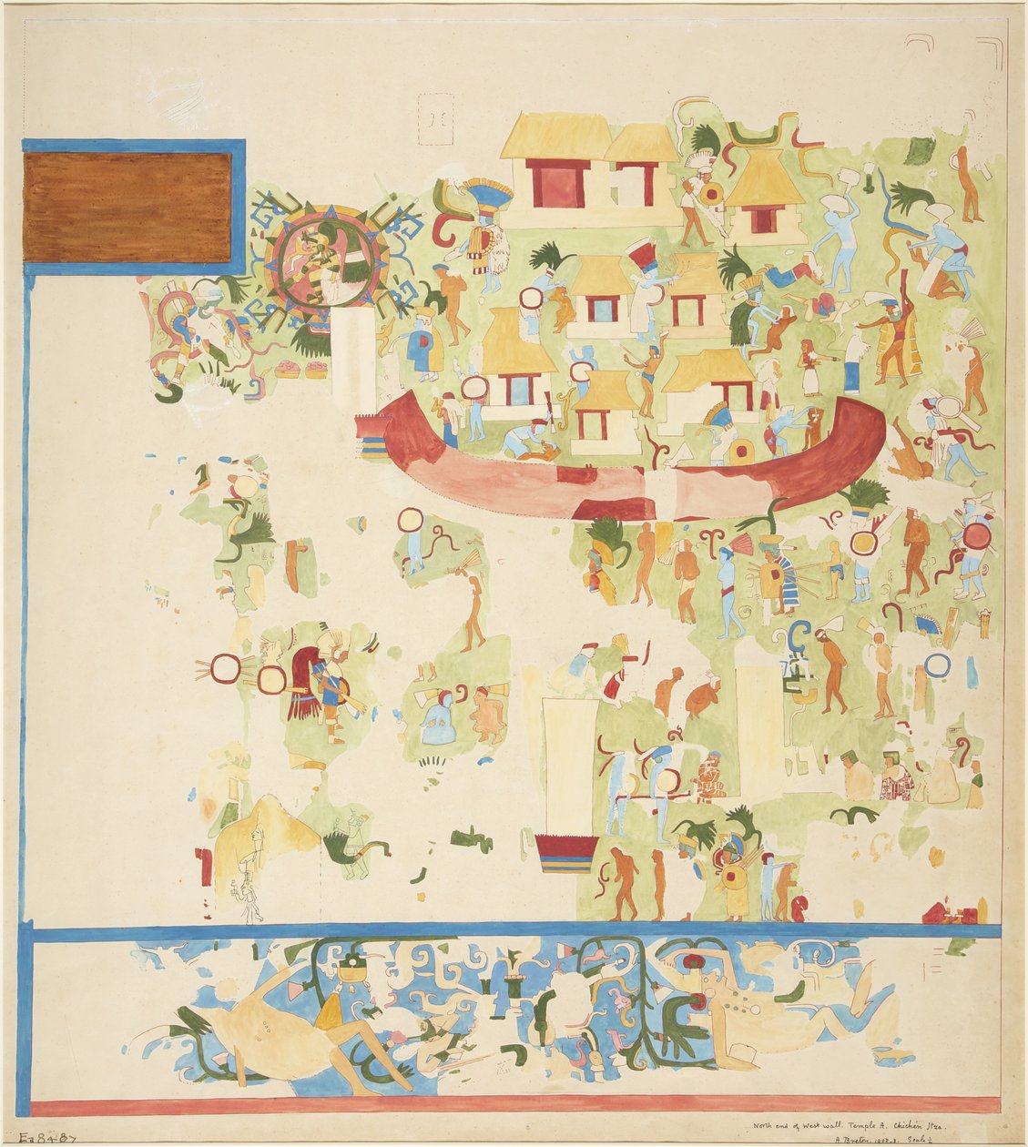 Copia a escala de un cuarto de una pintura mural del extremo norte de la pared oeste, Templo Superior de los Jaguares, Chichen Itzá, México de Adela Breton