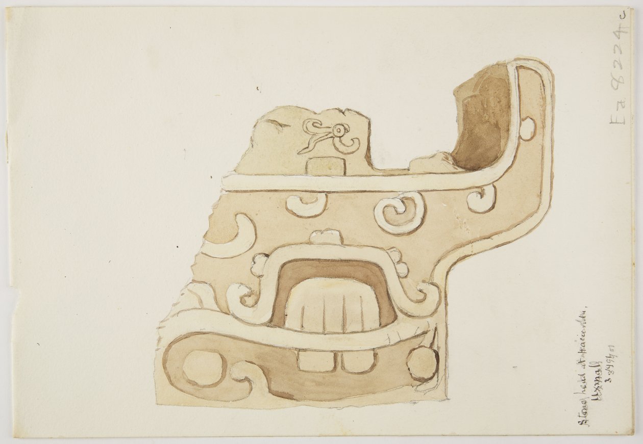 Ruinas/relieves de piedra en el Templo de Uxmal, México Representando parte de la talla en piedra (acuarela) de Adela Breton