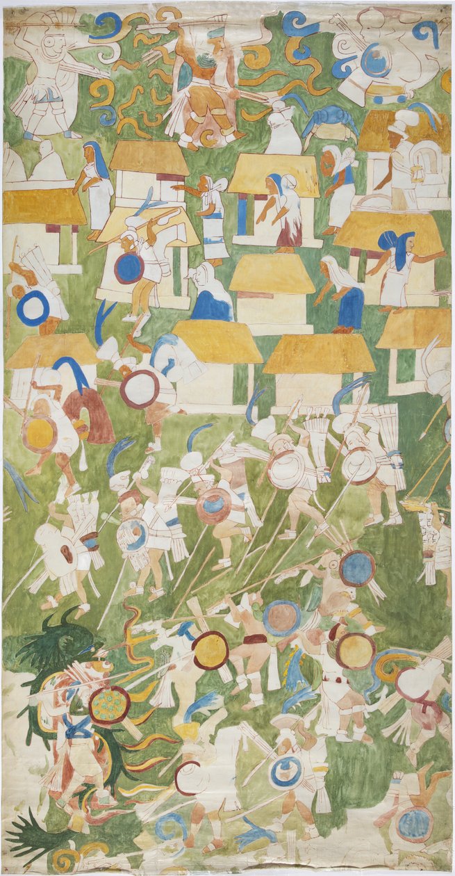 Calco de una pintura mural del panel sur de la pared oeste, Templo Superior de los Jaguares, Chichen Itzá, México de Adela Breton