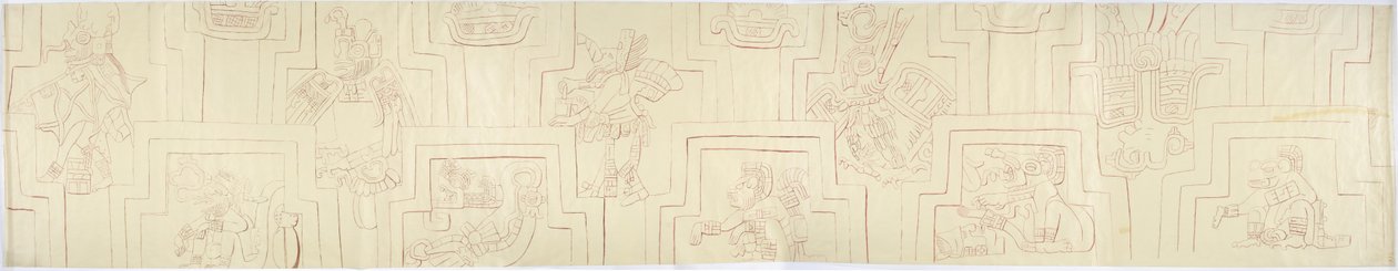 Calco de un relieve pintado de relieves de estuco pintados de la fachada de un montículo o pirámide en Acanceh, México de Adela Breton