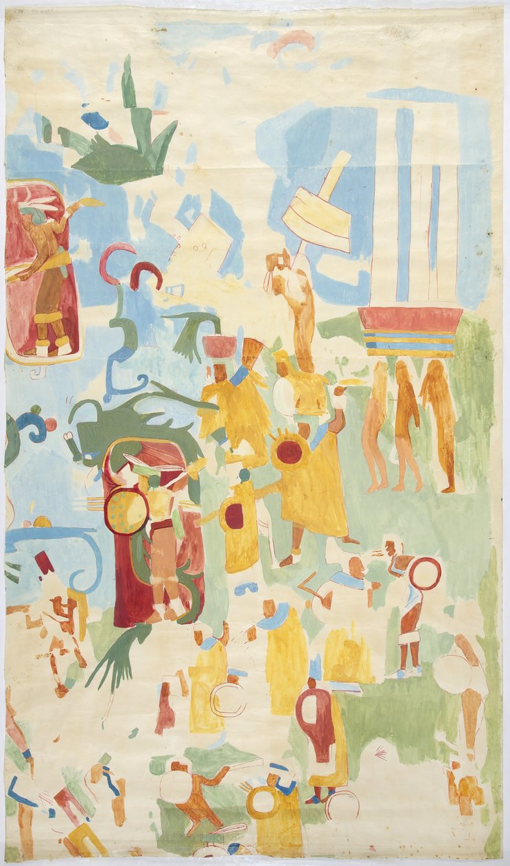 Calco de una pintura mural de la pared norte de la cámara interior, Templo Superior de los Jaguares (Templo A de Maudslay), Chichen Itzá, México de Adela Breton