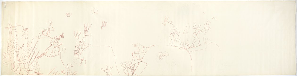Calco de una pintura mural de la pared este, Templo Superior de los Jaguares, Chichén Itzá, México (tinta roja y grafito) de Adela Breton