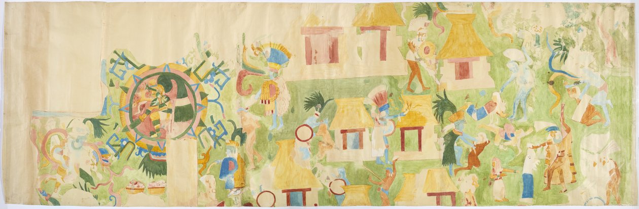 Calco de una pintura mural del extremo norte de la pared oeste, Templo Superior de los Jaguares, Chichen Itza, México de Adela Breton