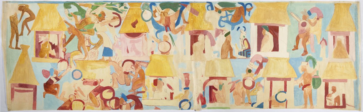 Calco de una pintura mural de la pared sur, cámara interior, Templo Superior de los Jaguares, Gran Juego de Pelota en Chichen Itzá, México de Adela Breton