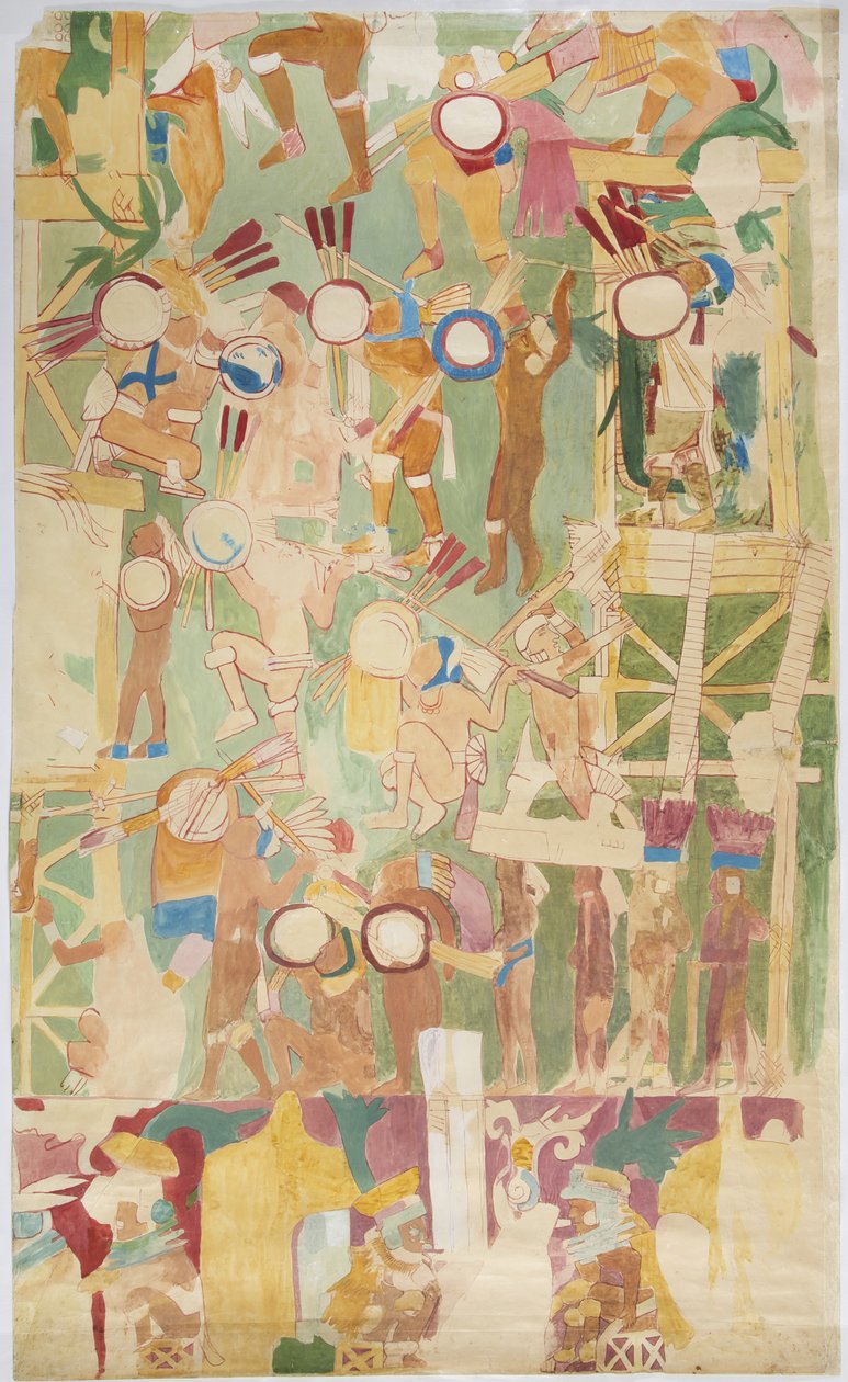 Calco de una pintura mural de la pared sur, cámara interior, Templo Superior de los Jaguares, Gran Juego de Pelota en Chichen Itzá, México de Adela Breton