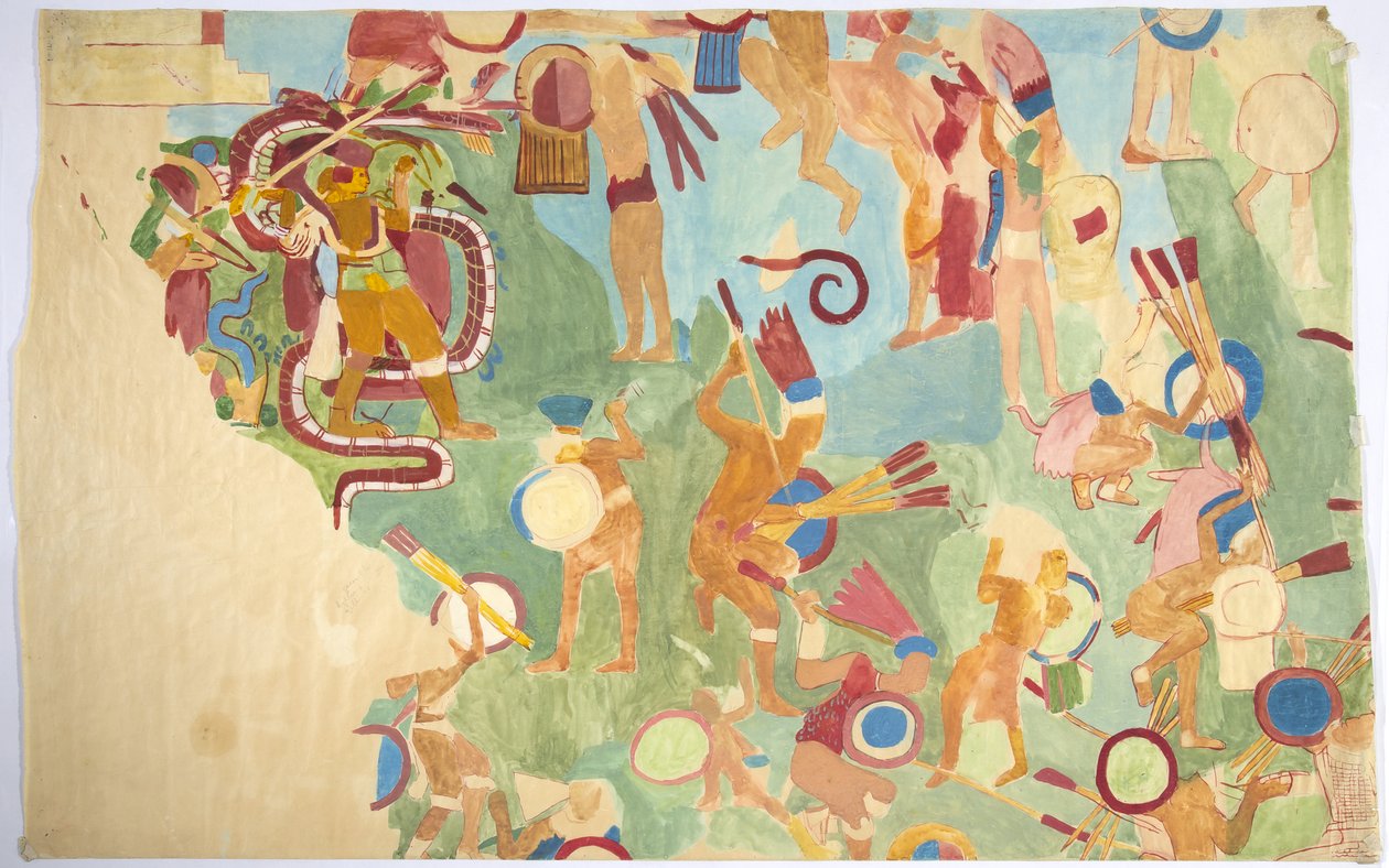Calco de una pintura mural de la cámara interior, Templo Superior de los Jaguares, pared sur, Gran Juego de Pelota, Chichen Itzá, México de Adela Breton
