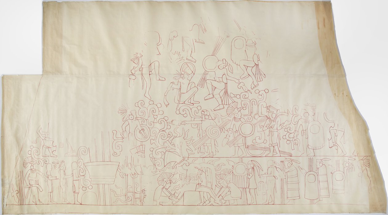 Calco de una pintura mural del techo de la bóveda sur, Templo Superior de los Jaguares, Chichen Itza, México de Adela Breton