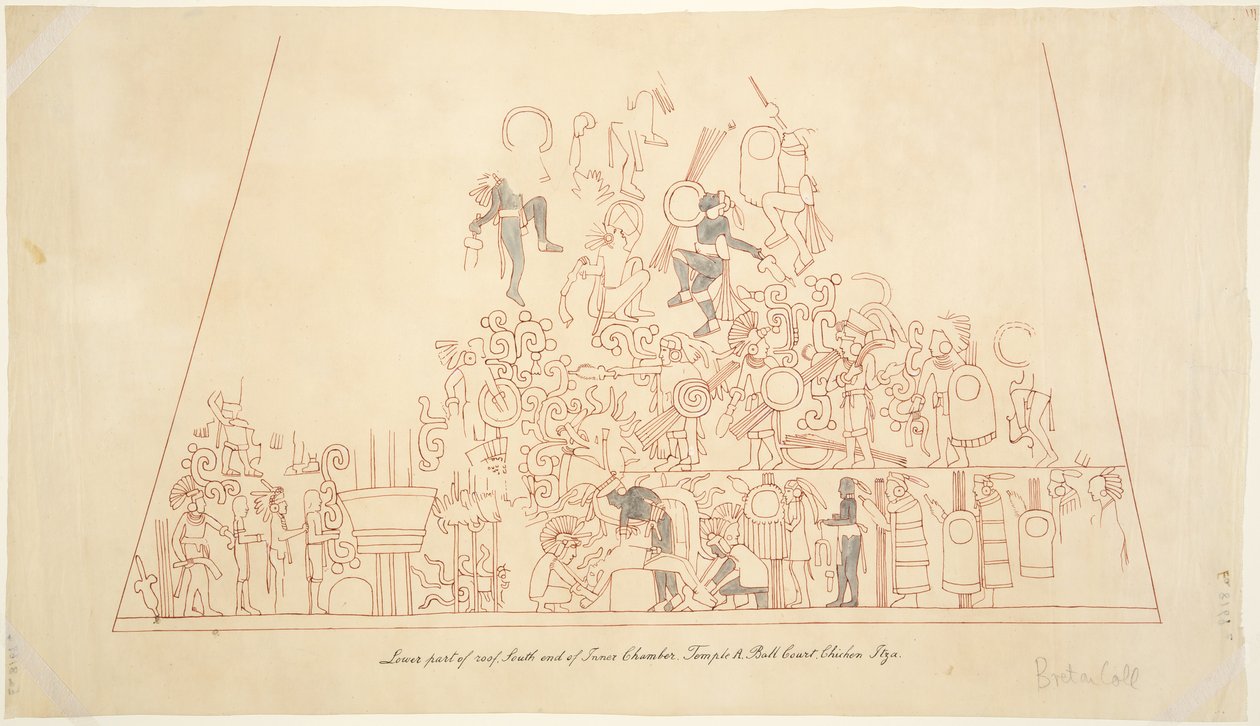 Calco de una pintura mural de la bóveda sur, cámara interior, Templo Superior de los Jaguares, Chichén Itzá, México de Adela Breton