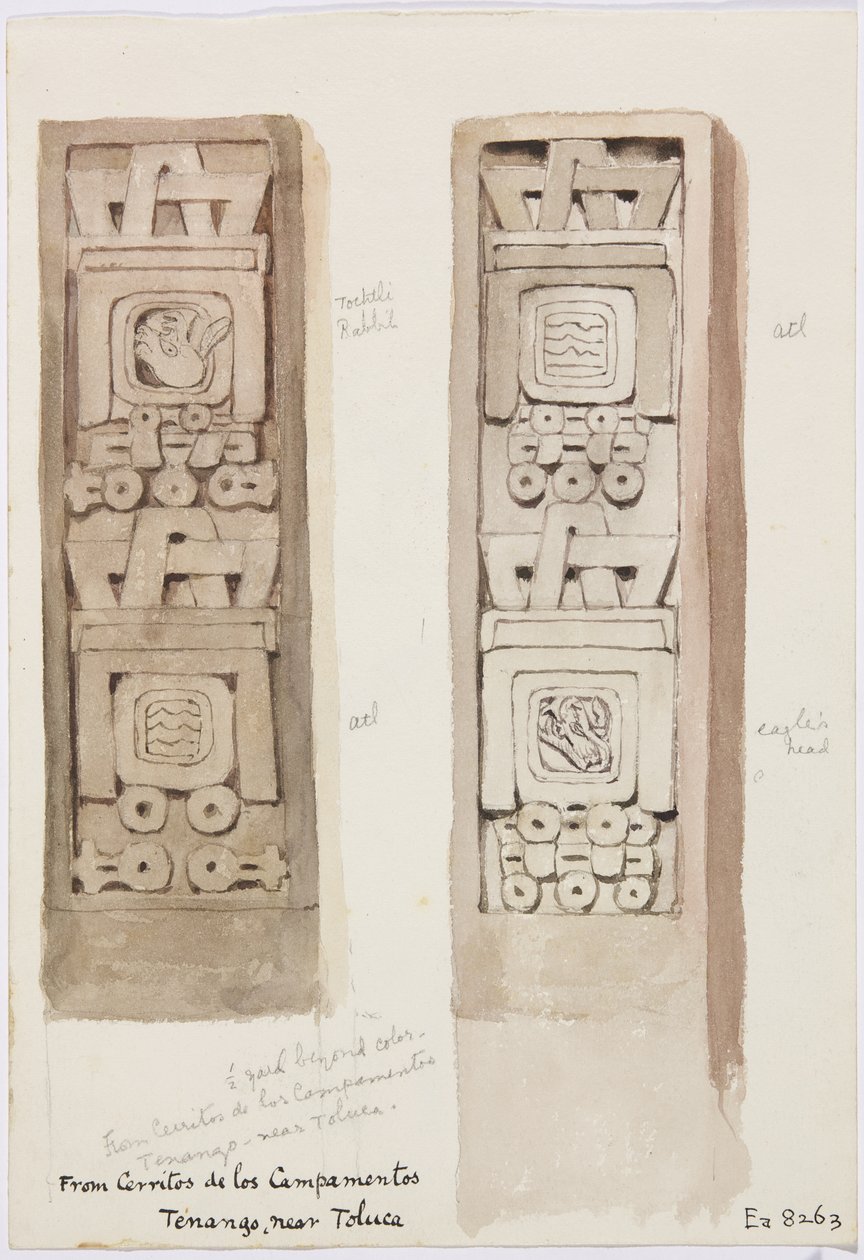 Dos columnas con relieves de piedra, Cerritos de los Campamentos, Tenango, cerca de Toluca, México de Adela Breton
