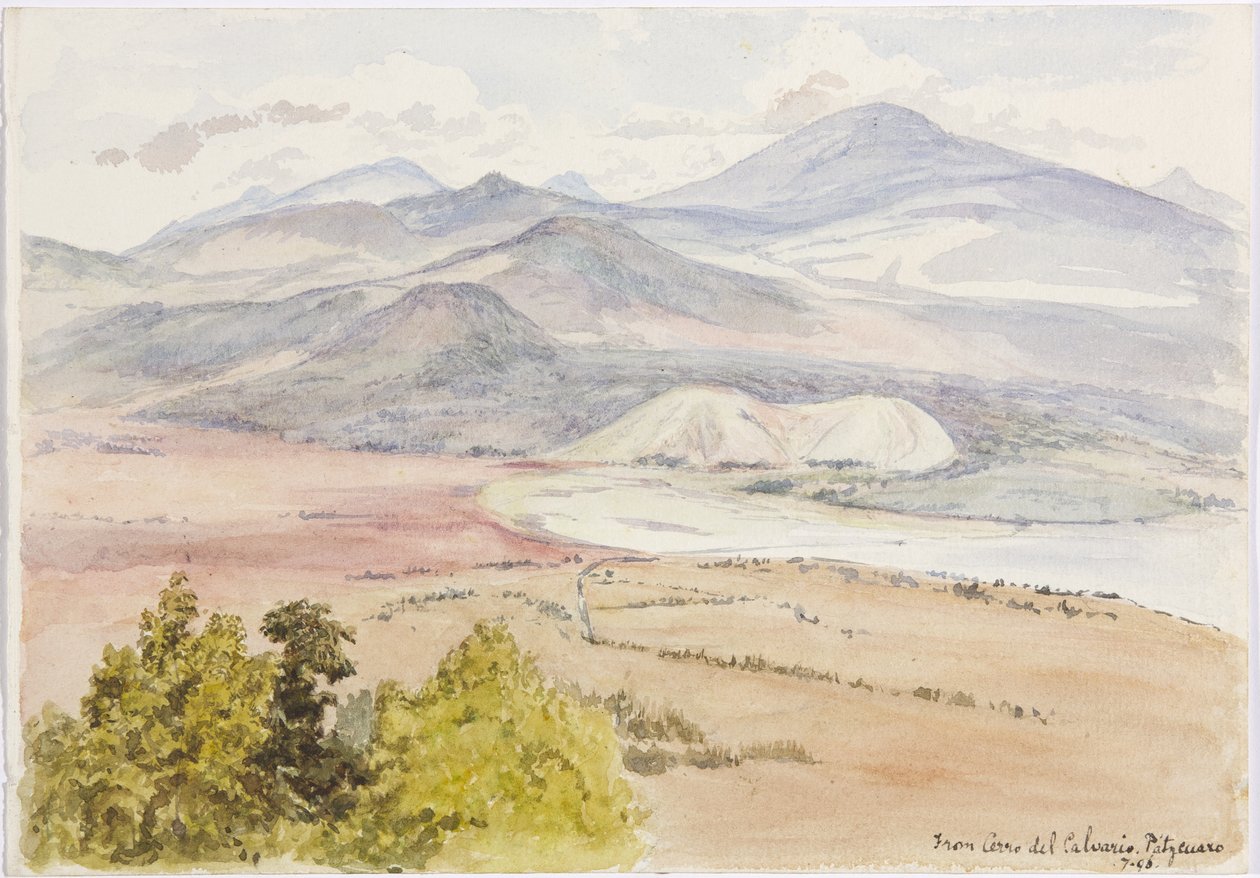 Vista desde el Cerro del Calvario, Patzcuaxo de un lado del papel y del otro una vista de la antigua fortaleza y montículos de piedra, Iguatcho desde el Cerro del Calvario, Pátzcuaro, Michoacán, México de Adela Breton