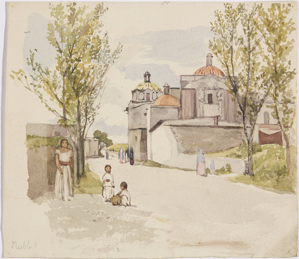 Vista de una calle del pueblo con mujeres y niños - Puebla (?), México de Adela Breton