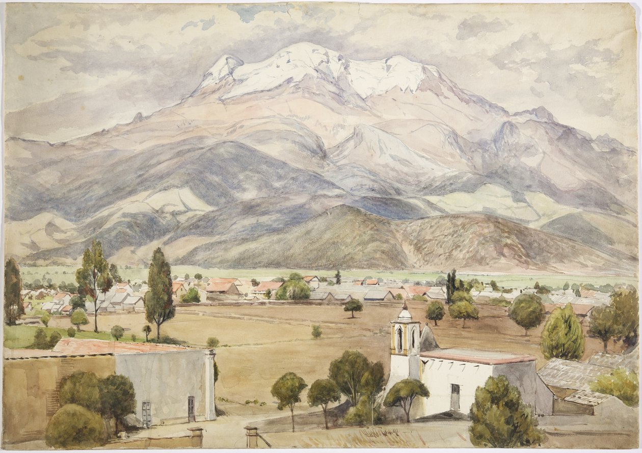 Pueblo en primer plano y montañas detrás de Adela Breton