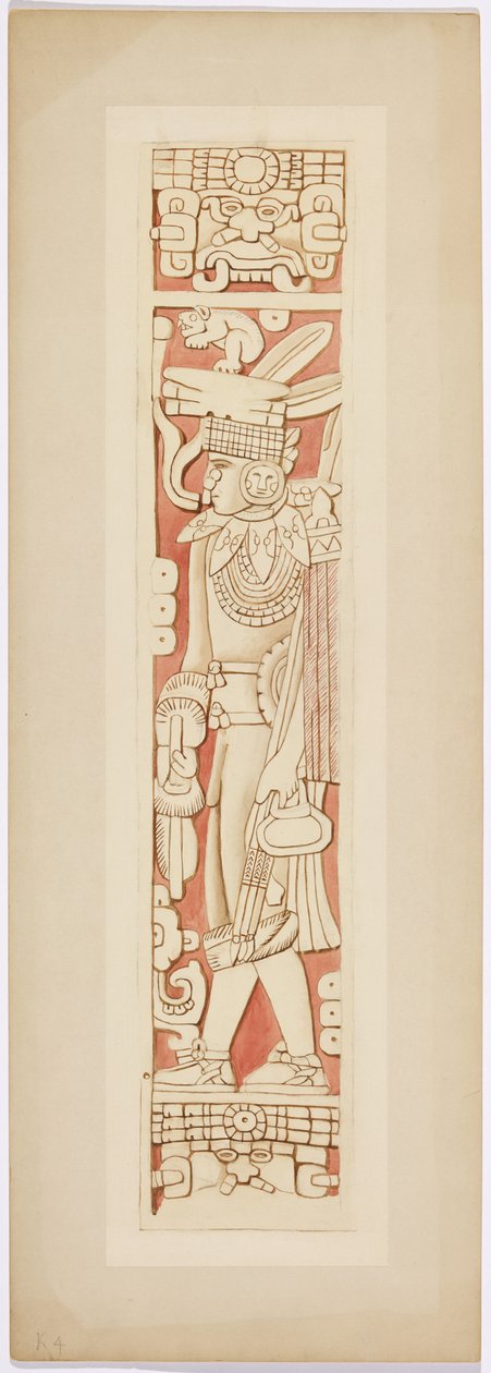 Figura de guerrero en los jambas de la puerta entre las cámaras interior y exterior del Templo Superior de los Jaguares de Adela Breton