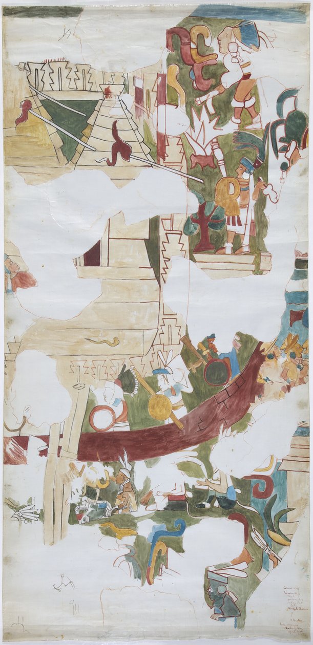 Acuarela sobre papel tipo lino, calco de un mural de una bóveda en una gran cámara en la Casa de las Monjas, Chichen Itzá, México de Adela Breton