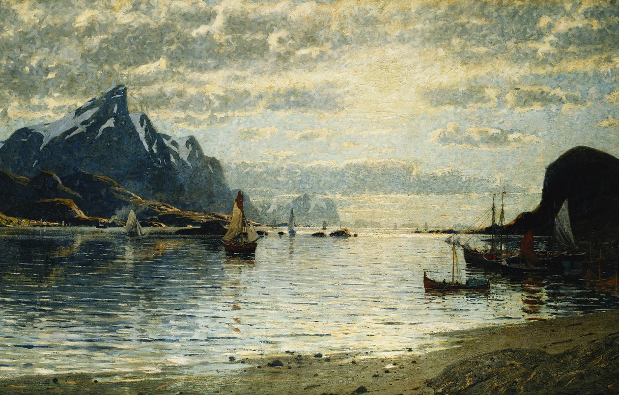 Una escena de fiordo con veleros de Adelsteen Normann