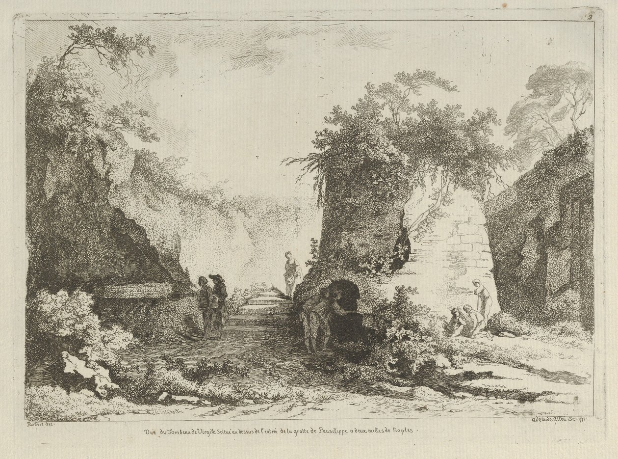 Vista de la tumba de Virgilio de Diferentes vistas dibujadas según la naturaleza..., siglo XVIII de Adélaide Allou