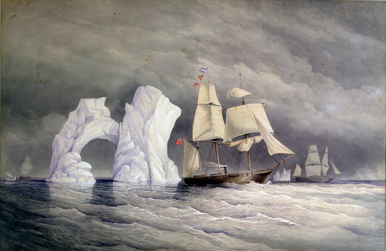 Los buques británicos Phoenix, Talbot y Diligence cruzan un iceberg (Ártico canadiense). Acuarela (58x88 cm), por Edward Augustus Inglefield (1820-1894) de Admiral Edward Augustus Inglefield