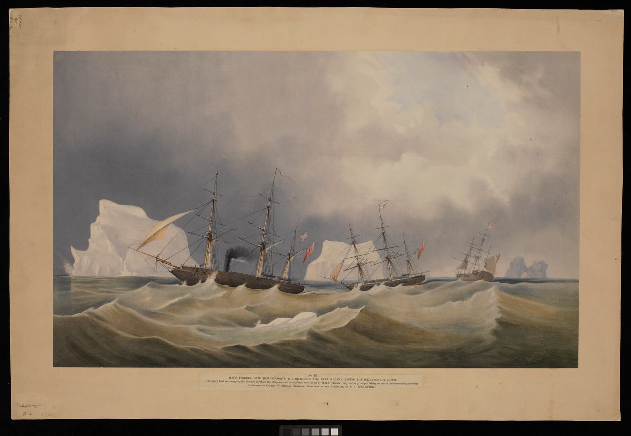 H.M.S. Phoenix con sus consortes, The Diligence y Breadalbane, entre los icebergs de Admiral Edward Augustus Inglefield