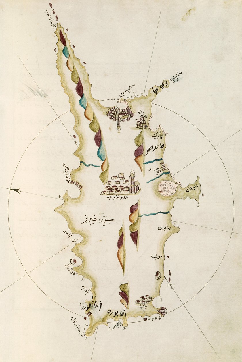 Mapa de la isla de Chipre, ilustración del atlas Portolano de Admiral Piri Reis