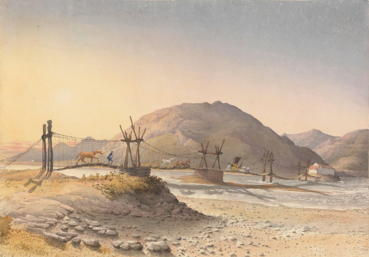 Puente colgante de correas de cuero (pero reparado con cadena) sobre el Maypu, cinco leguas al sur de Santiago, Chile, 11 de enero de 1851". de Admiral Sir Edward Gennys Fanshawe