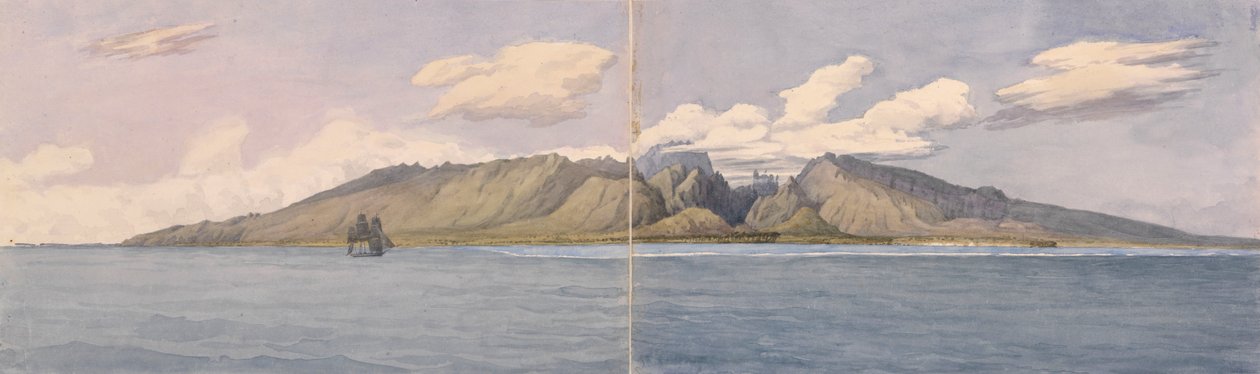 Tahití [Islas de la Sociedad]. El barranco de Fautaua - Montaña de la Corona o Diadema en el centro de la isla, y la ciudad de Papeiti, 24 de agosto de 1849". de Admiral Sir Edward Gennys Fanshawe