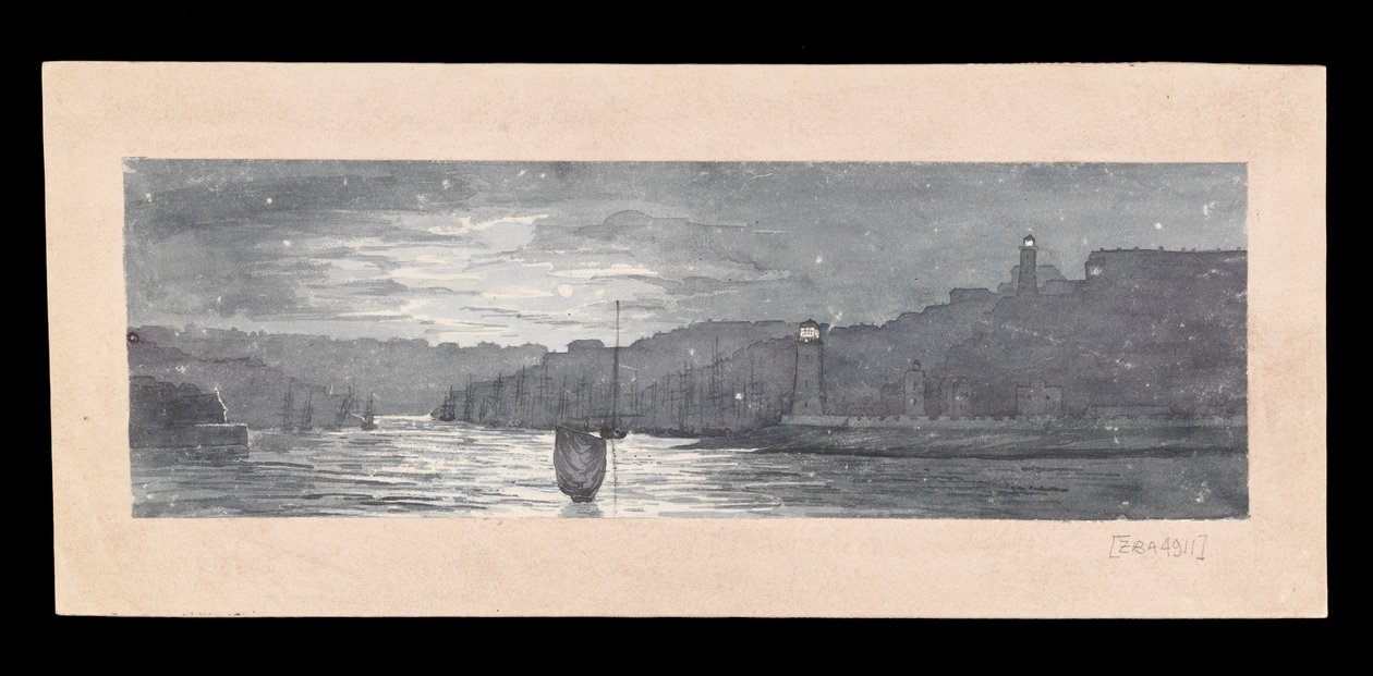 La desembocadura del Tyne, con North y South Shields, a la luz de la luna, c.1840 (acuarela, rayado, papel) de Admiral Sir Edward Gennys Fanshawe