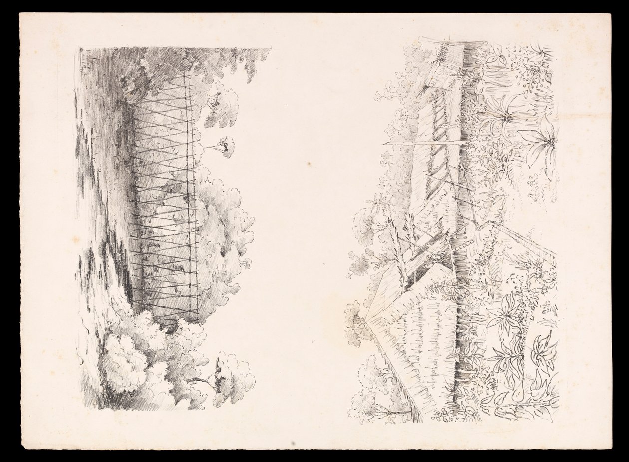 Aldea de la tribu Stang, Sarawak, Borneo; y un puente de palos sobre un río de West Indies, North American and Borneo scrapbook, c.1845 (litografía) de Admiral Sir Edward Gennys Fanshawe