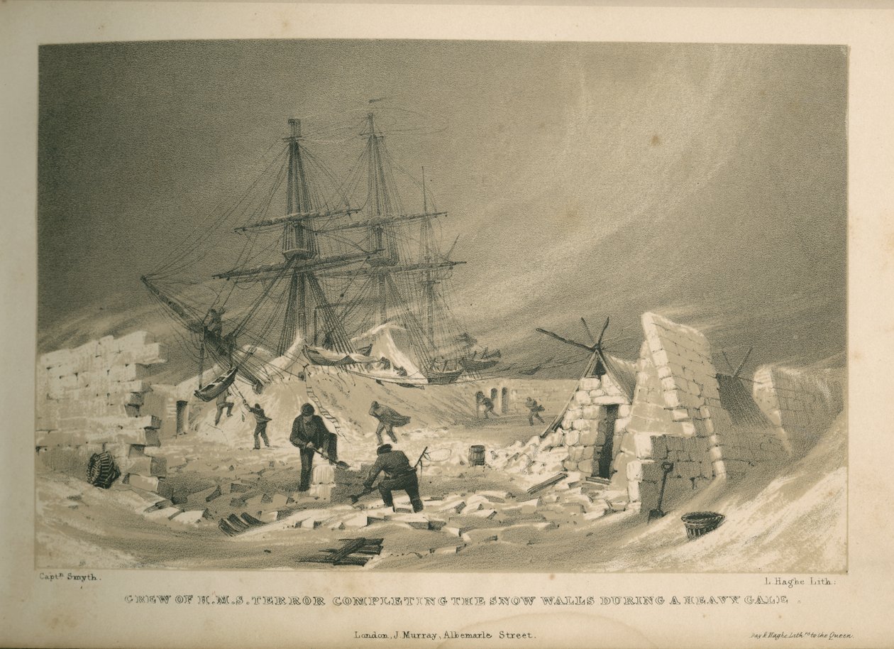 Tripulación del H.M.S. Terror completando los muros de nieve durante un fuerte vendaval de Admiral William Henry Smyth