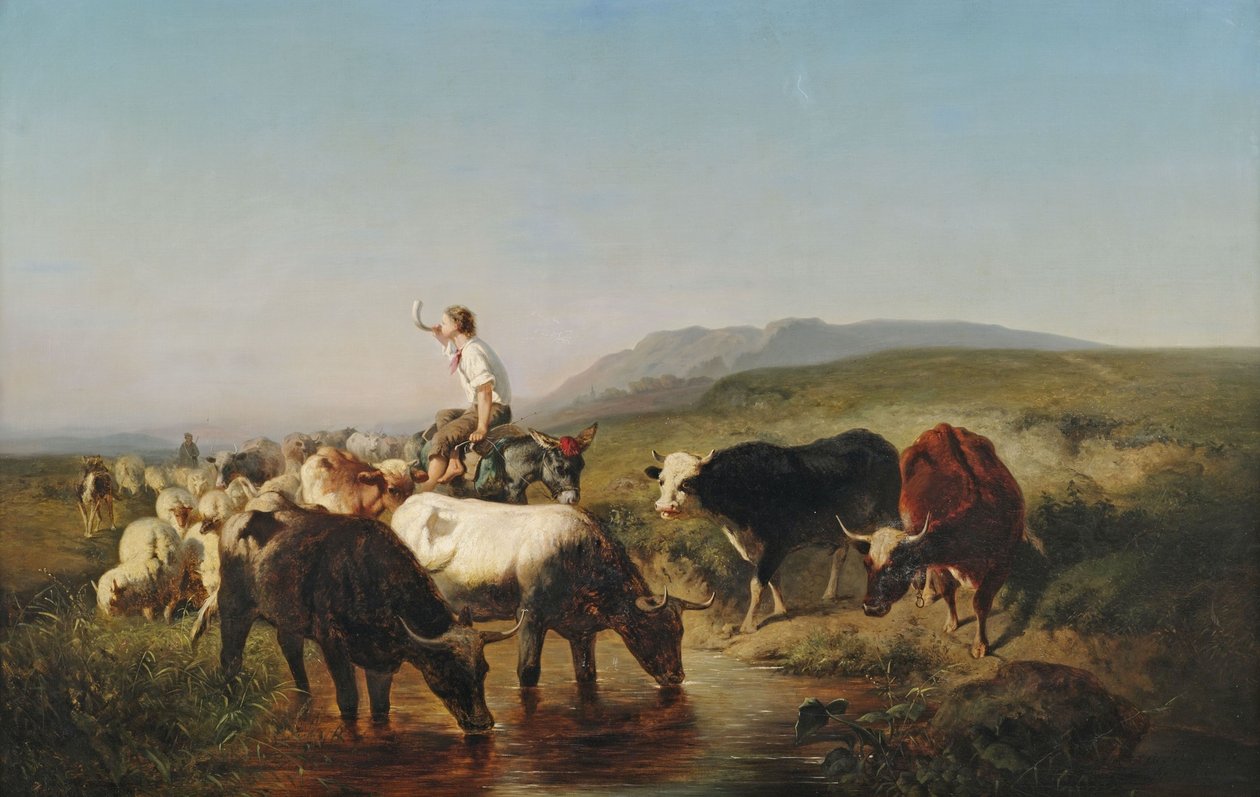 Rebaño de vacas y ovejas con un niño pastor montado en un burro en un paisaje amplio de Adolf Schreyer