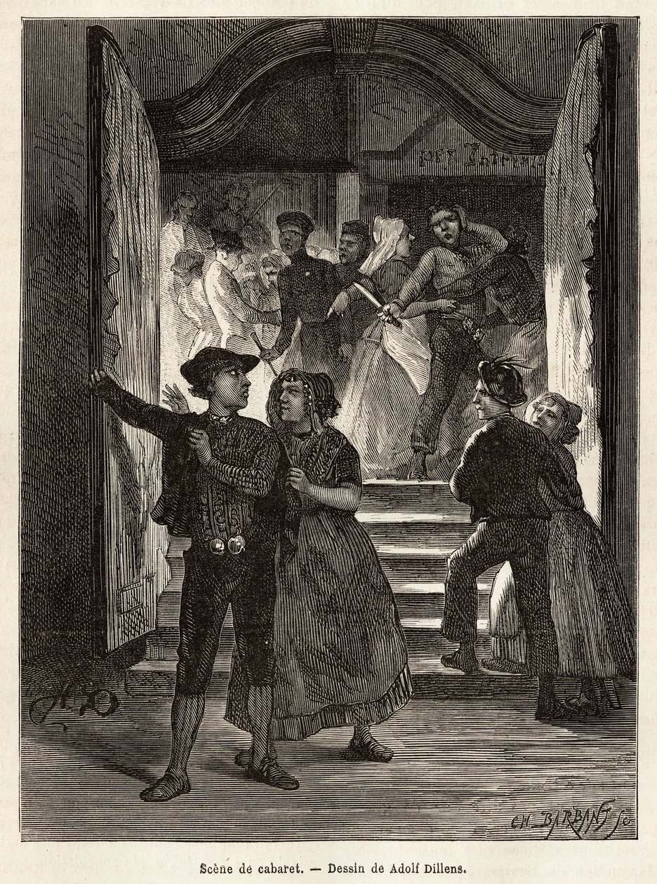 Escena de cabaret, una pareja se va mientras un hombre los amenaza con un cuchillo, sostenido por dos mujeres; otra pareja los enfrenta al entrar al cabaret, grabado después del dibujo de Adolf Dillens, ilustrando un viaje a Zelanda (Neerlande) de Adolf Alexander Dillens