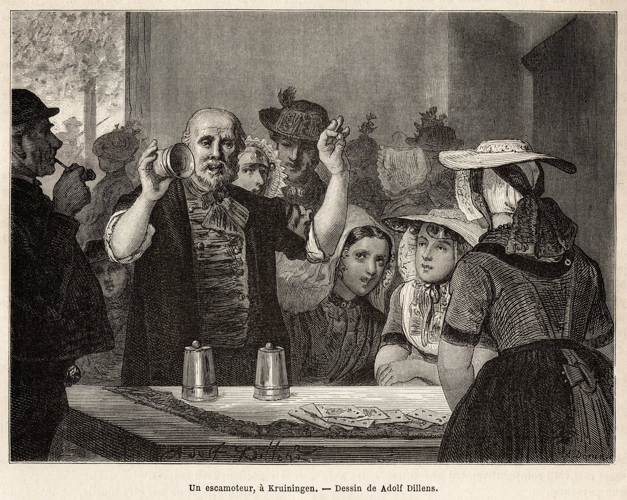 Un retractador, en una posada en Kruiningen, hace su número frente a espectadores atentos, grabado después del dibujo de Adolf Dillens, ilustrando un viaje a Zelanda (Neerlande), en 1873, por Charles de Coster, publicado en “Le tour du monde” 1874 de Adolf Alexander Dillens
