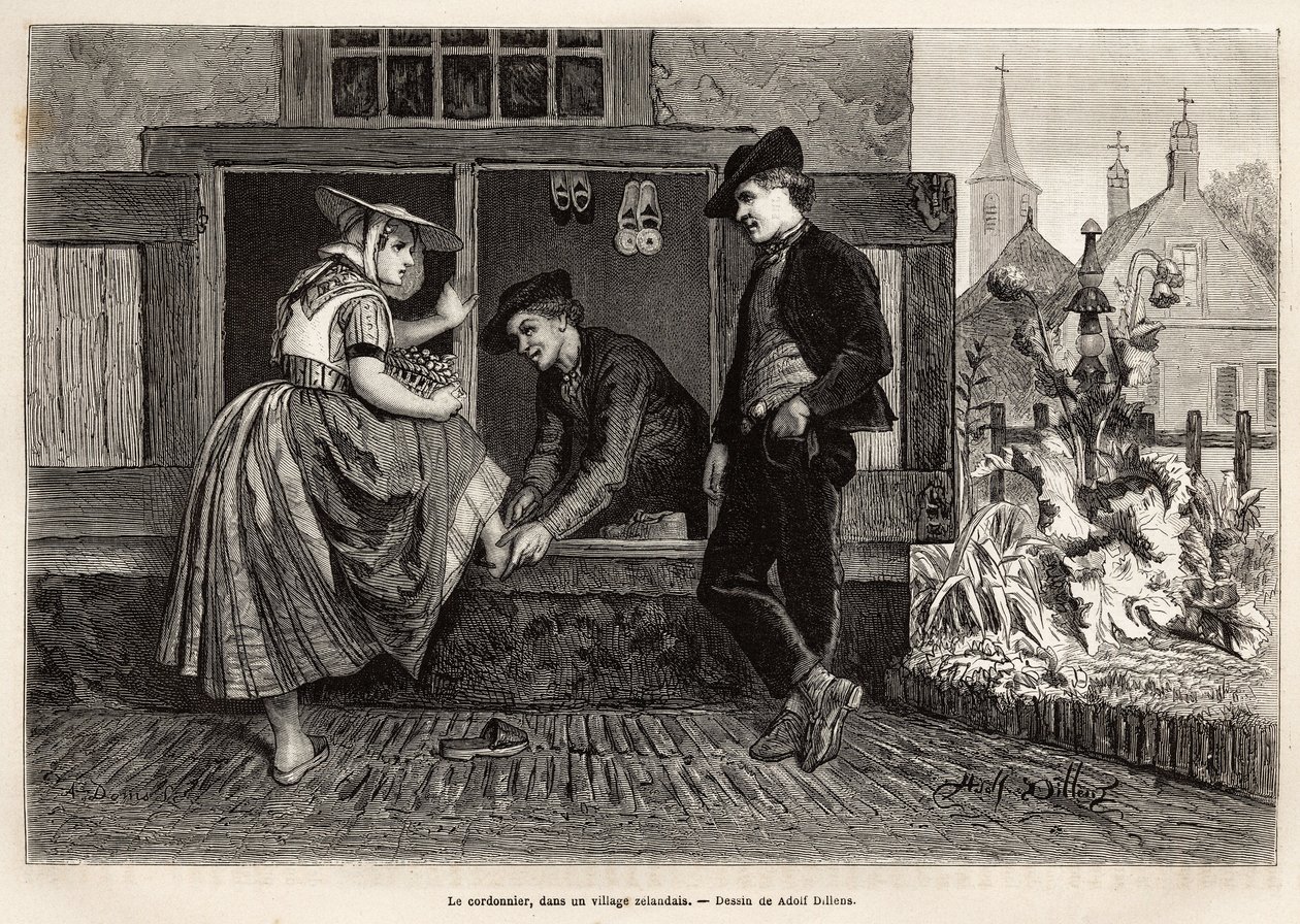 Un zapatero en un pueblo de Zelanda, hace probar un zapato a una joven acompañada de un joven, grabado según el dibujo de Adolf Dillens, ilustrando un viaje a Zelanda (Países Bajos), en 1873, por Charles de Coster, publicado en 
