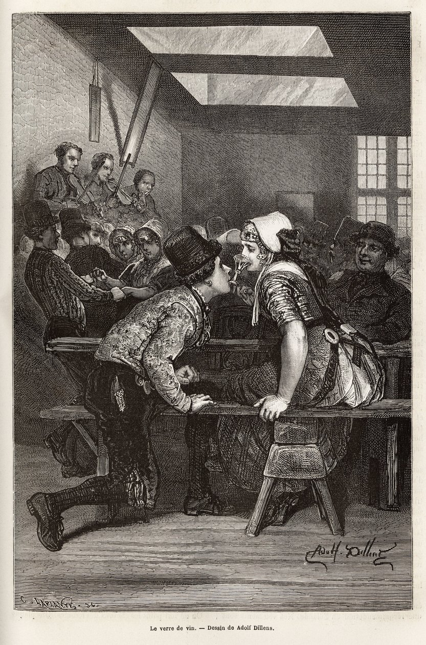 En días de feria, los campesinos ofrecen licores dulces a las jóvenes, el mismo vaso sirve para todos y pasa de boca en boca, a menudo lleno, permitiendo al pretendiente cortejar al ritmo de la orquesta y los bailes, grabado de Adolf Alexander Dillens