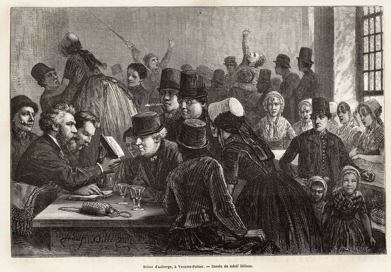 Escena de posada, en Vrouwe-Polder (Vrouwe Polder), grabado según el dibujo de Adolf Dillens, ilustrando un viaje a Zelanda (Países Bajos), en 1873, por Charles de Coster, publicado en "Le tour du monde" 1874, editado por Edouard Charton, edición Hache de Adolf Alexander Dillens