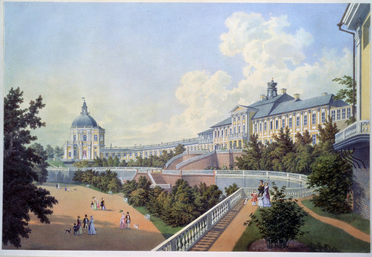 El gran Palacio de Oranienbaum (residencia real de Rusia), situado en Lomonossov, en la aglomeración de San Petersburgo. Pintura de Adolf Bezemann (1806-1867). Acuarela sobre papel de Adolf Besemann
